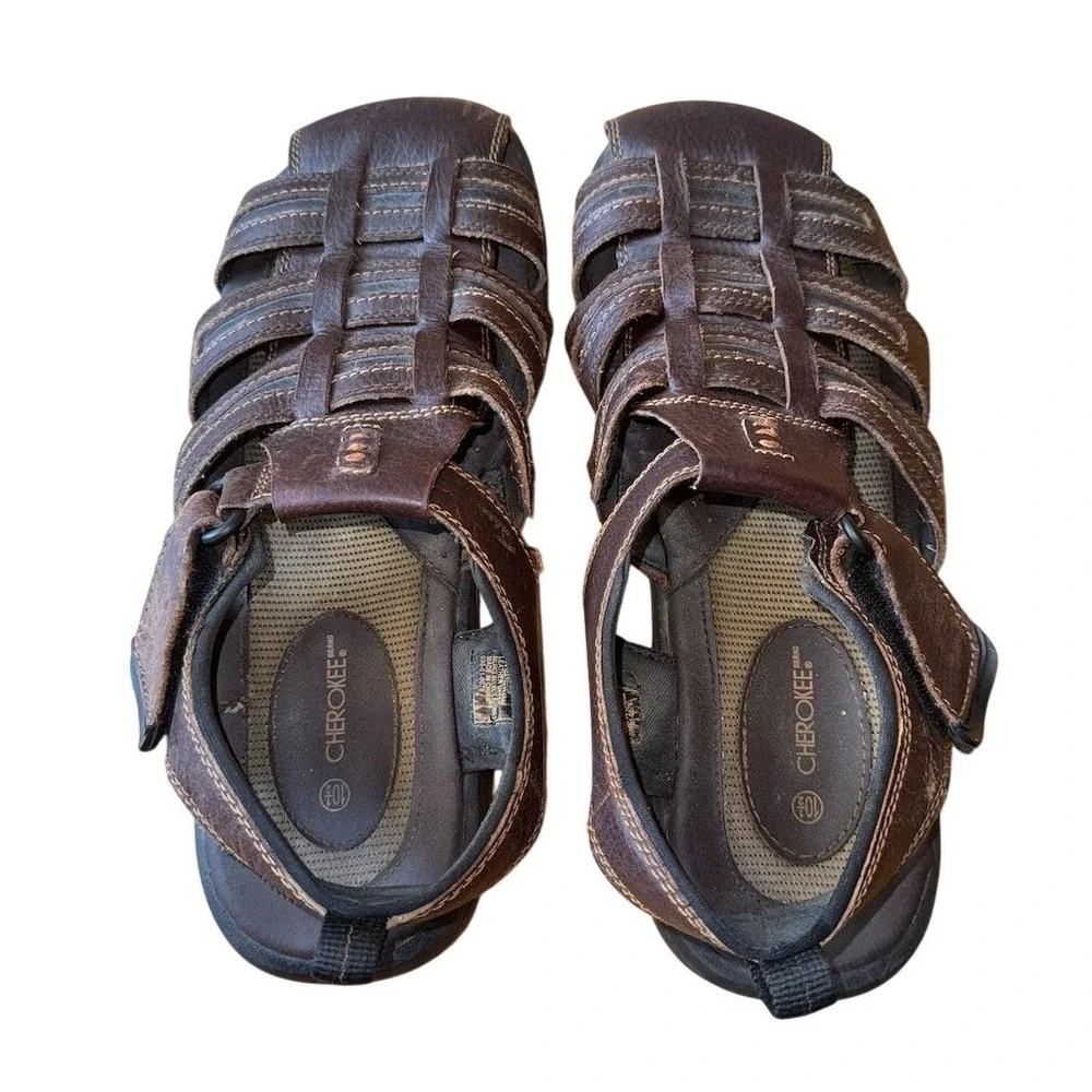 Cherokee Men's Fisherman Sandal Brown Hook Loop Comfort 10.5 woven caged leather